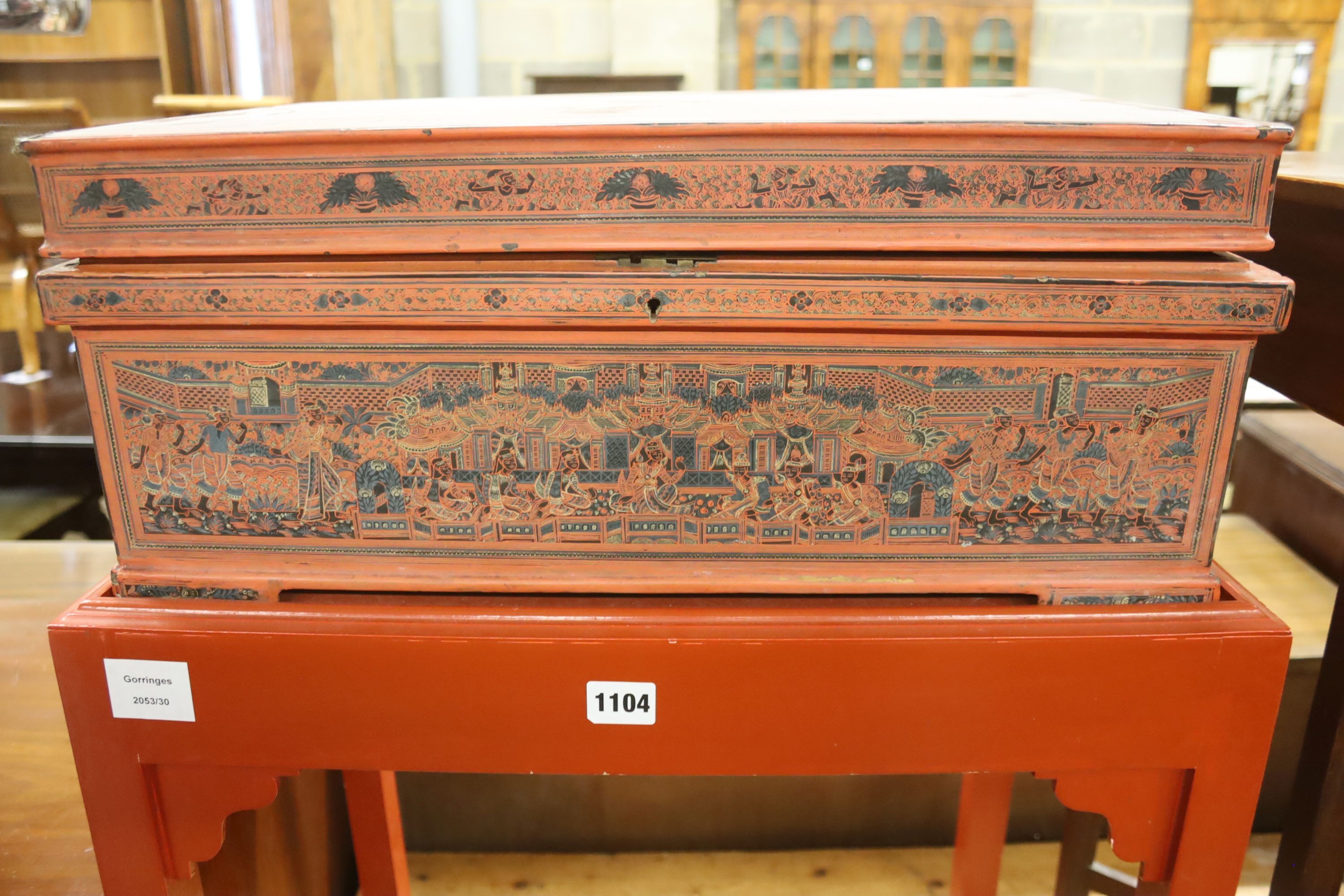 A lacquered workbox on associated base